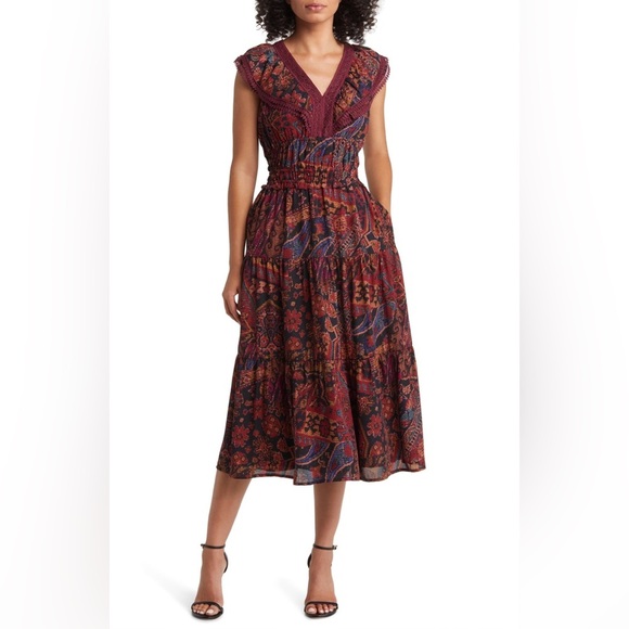TAHARI ASL Print Lace Trim Tiered Midi Dress - Size 8 - Picture 1 of 16